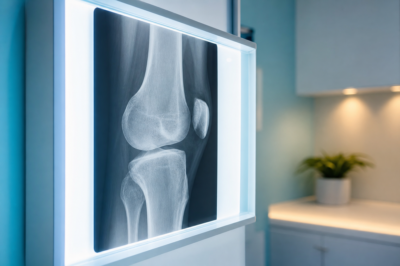 Knee joint X-ray displayed on a clinical light box