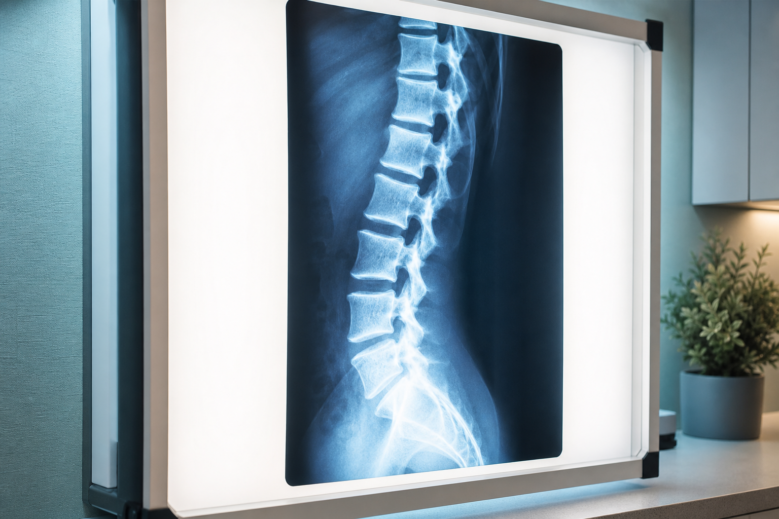 Lumbar spine X-ray displayed on a clinical light box