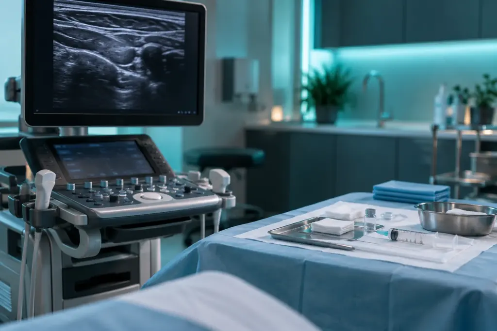 Ultrasound guidance screen used for nerve block injections in a clinic