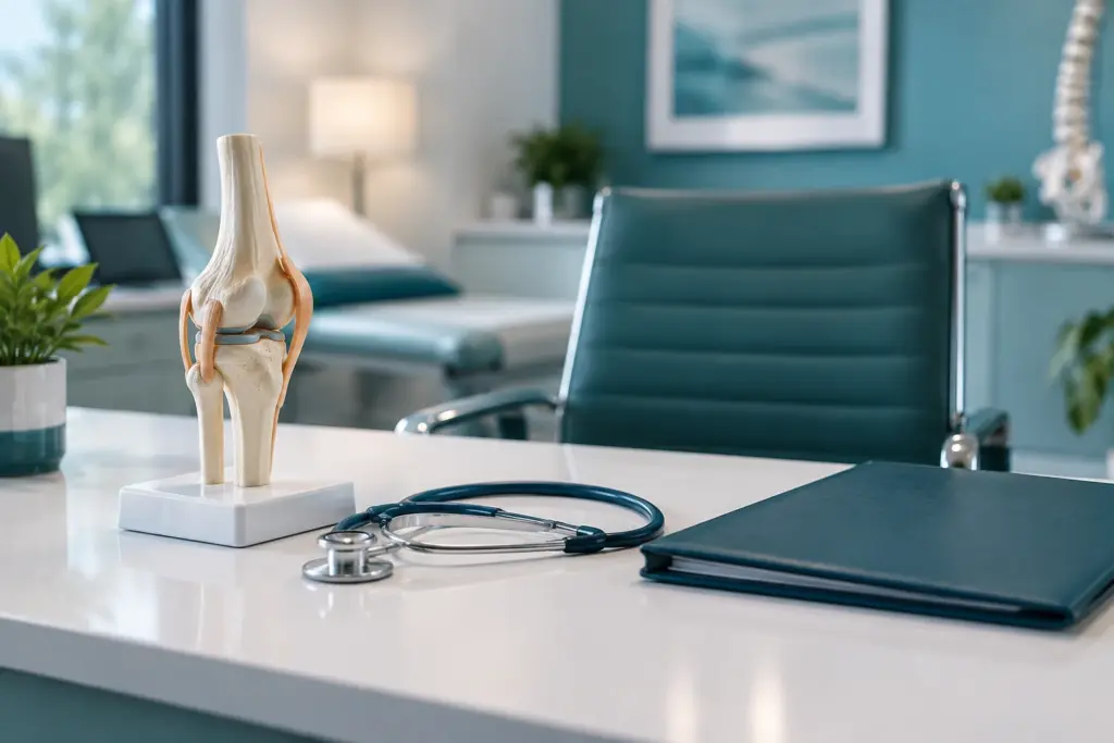 Consultation desk with an anatomical joint model and stethoscope