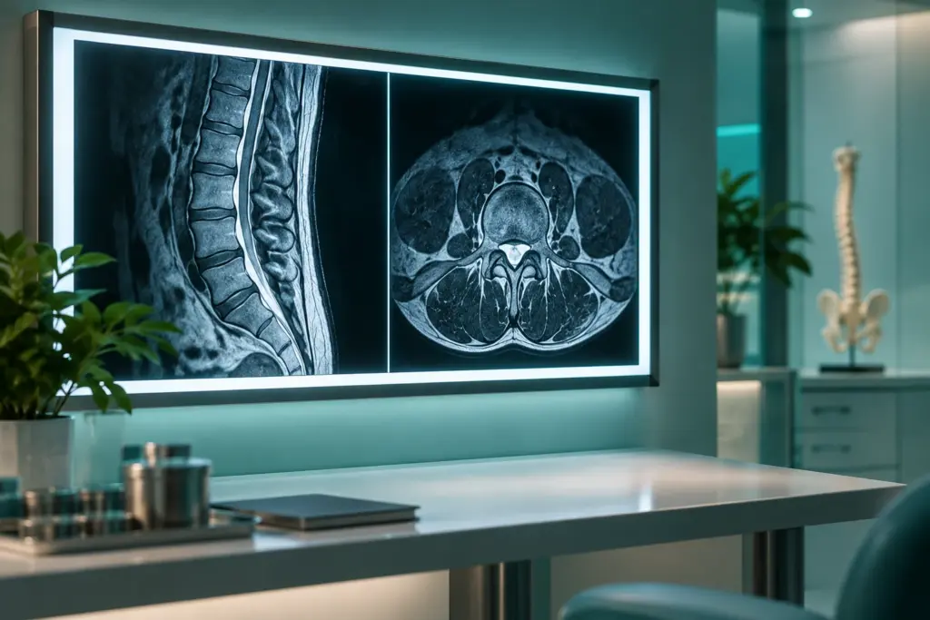 Lightbox displaying spine MRI cross-section scans