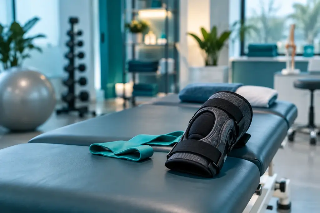 Physiotherapy treatment room with a knee support brace and resistance band
