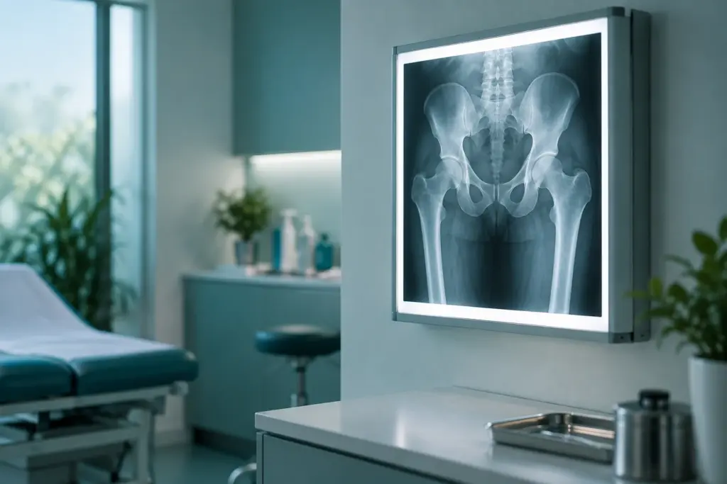 Illuminated X-ray lightbox showing a hip and upper leg scan