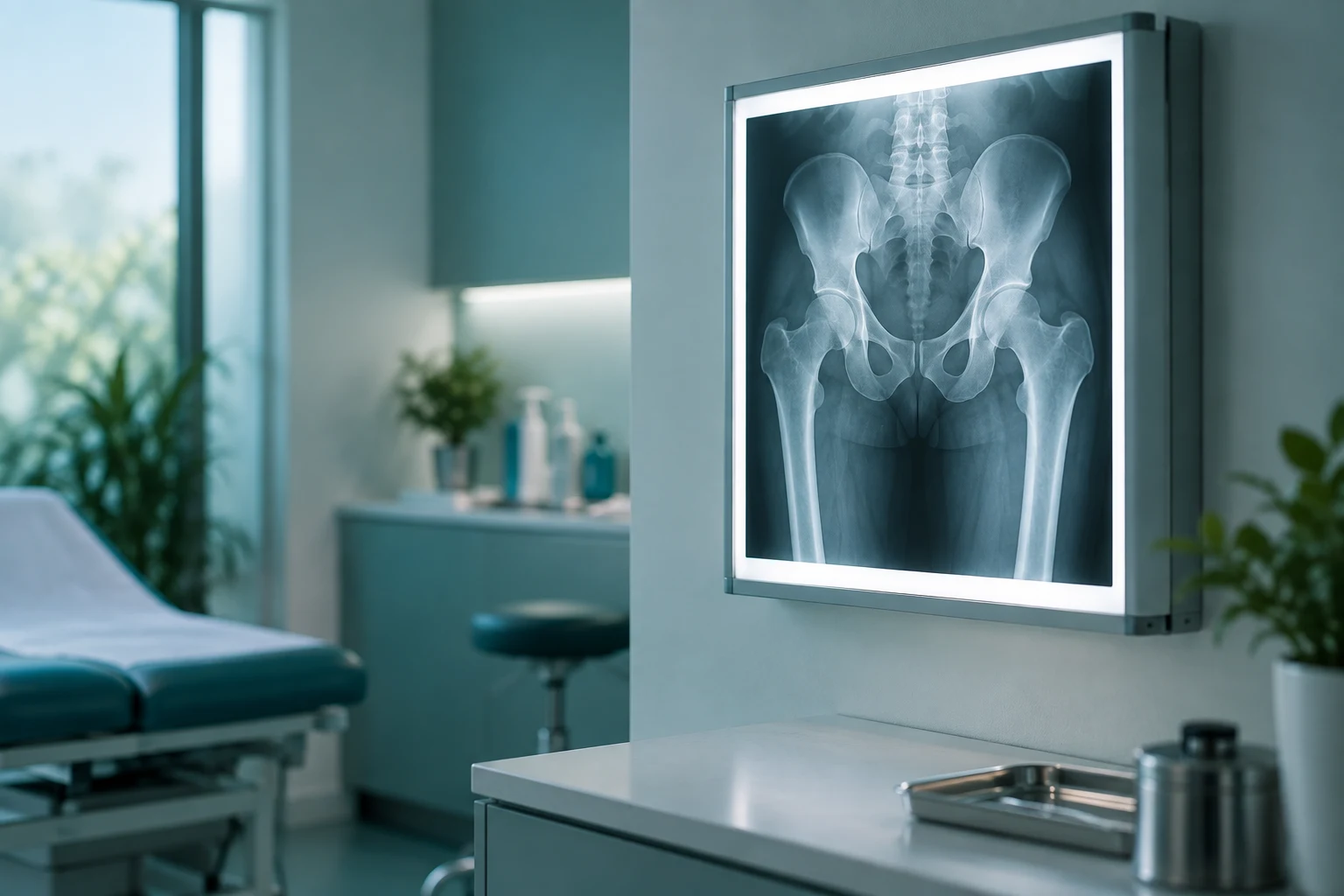 Illuminated X-ray lightbox showing a hip and upper leg scan
