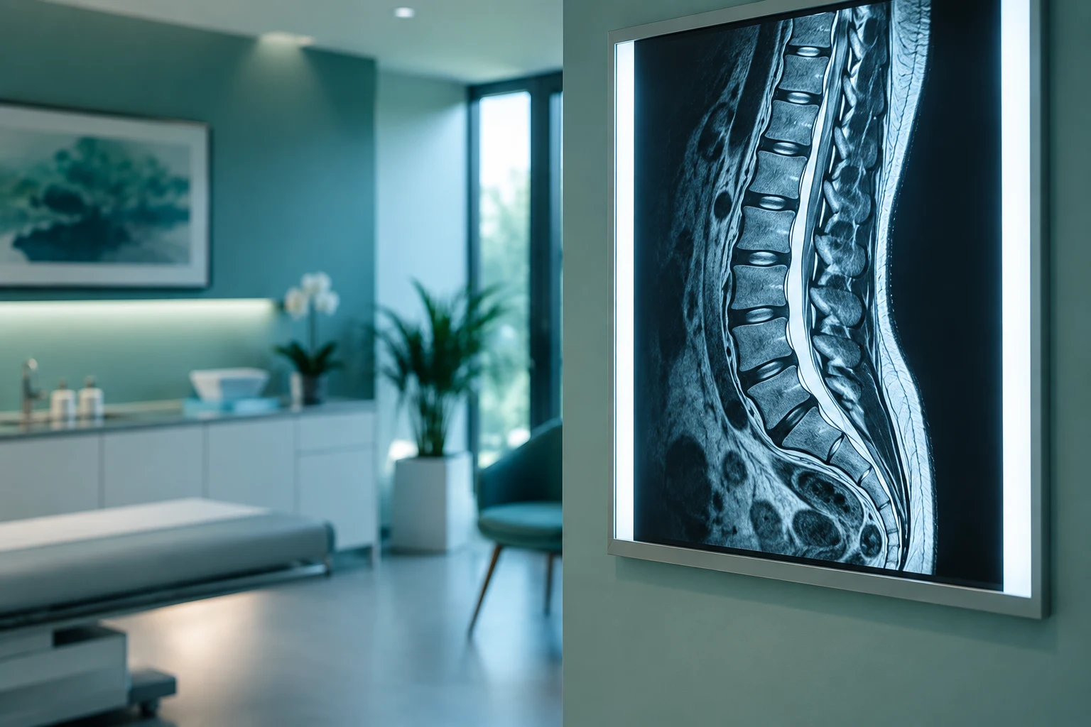Illuminated lightbox displaying a lumbar spine MRI scan