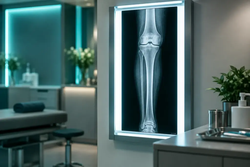 Illuminated X-ray lightbox showing a knee to lower leg scan