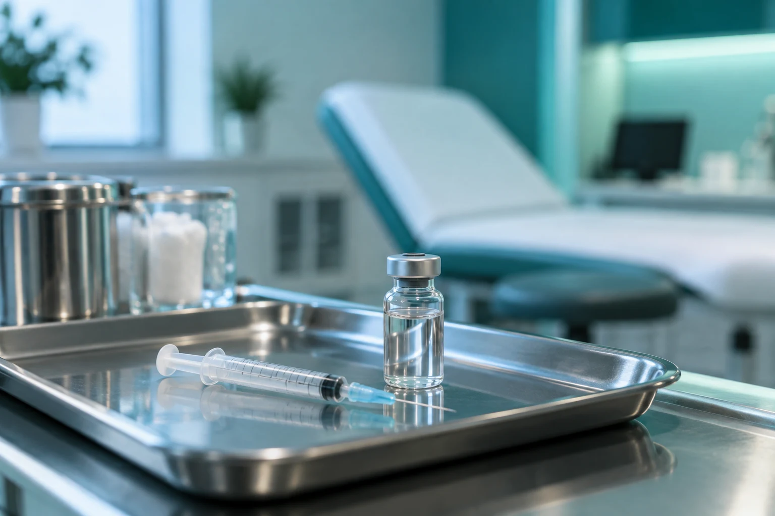 Sterile syringe and vial of local anaesthetic on a clinic tray